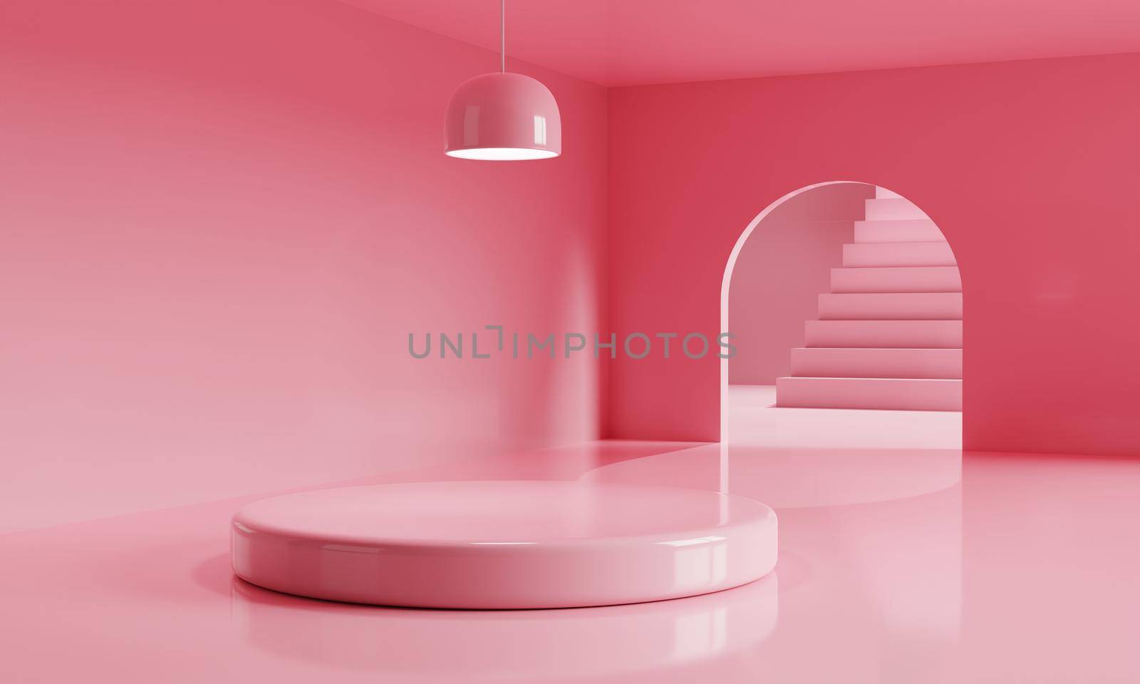 Pink empty room with podium for advertising in minimal background. Architecture and Business product presentation concept. Monocolor theme. 3D illustration rendering.