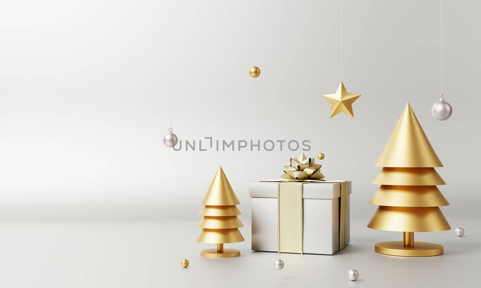 Christmas set decoration and ornament with Xmas tree golden star gift box and snowflake on silver gray background. Holiday and object concept. 3D illustration rendering