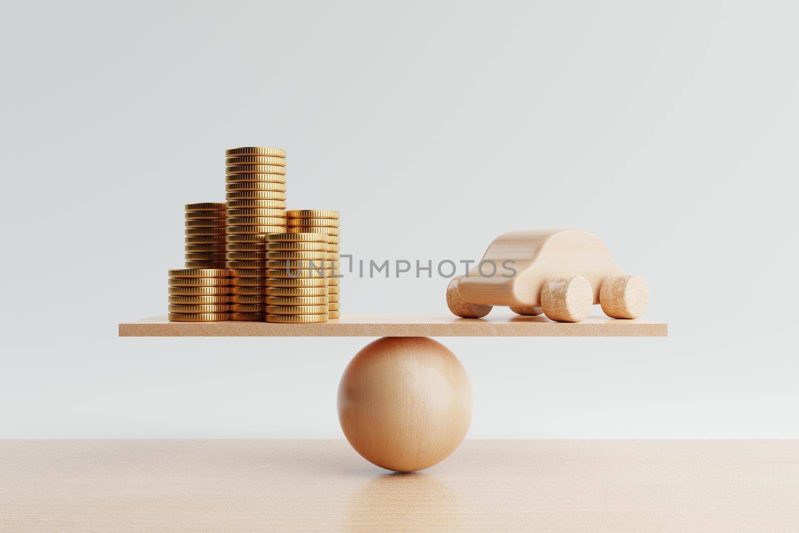 Car and money coin with balancing weight scale on wooden background. Financial and Transportation production concept. Loan and real estate theme. 3D illustration rendering