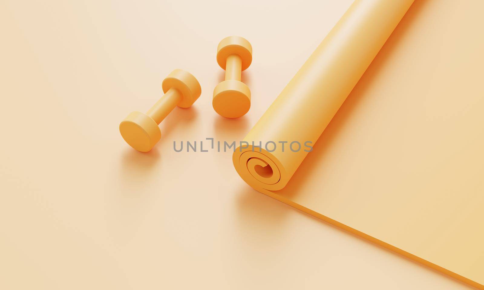 Sport fitness accessories set with yoga mat and dumbbell on pastel yellow background. Fitness and sport object concept. Monocolor. 3D illustration rendering