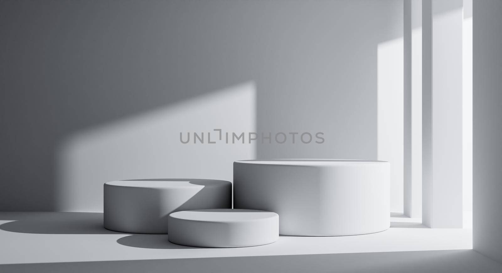 Three white round product podiums in minimal style with building background. Architecture and interior concept. 3D illustration rendering.