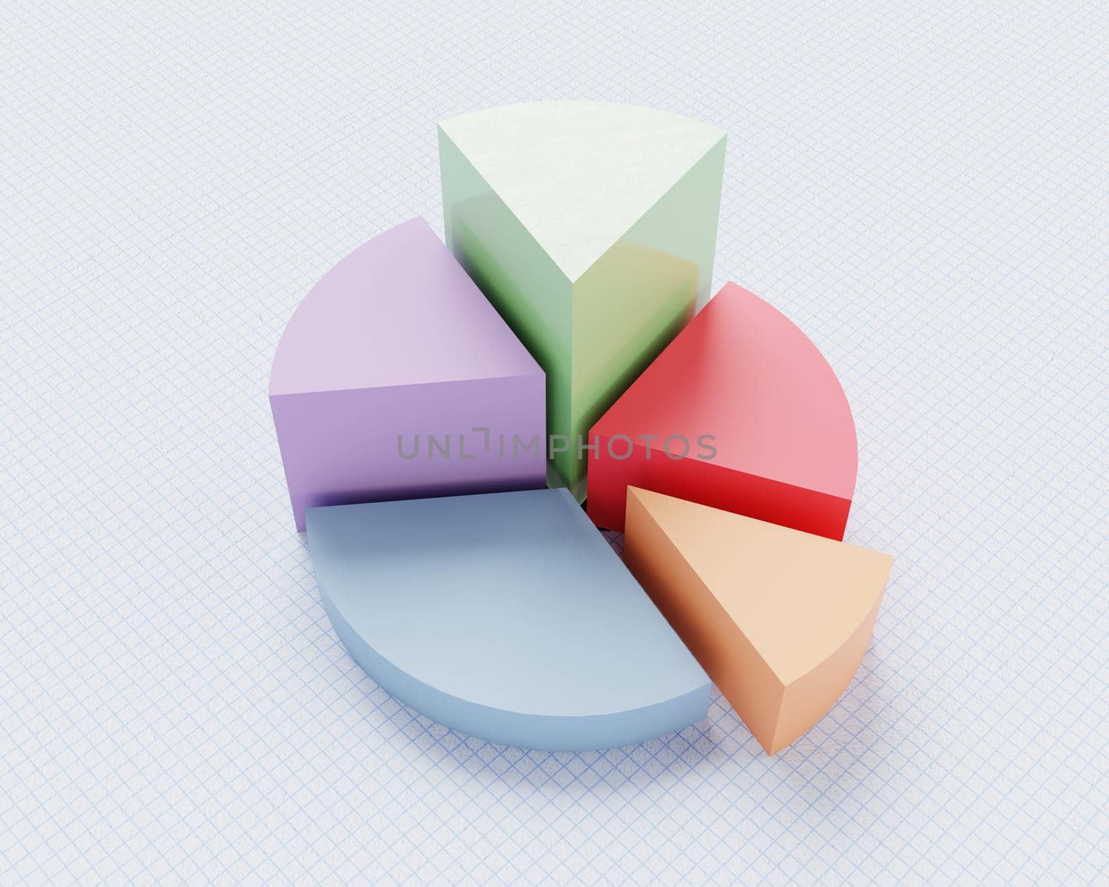 Multicolored pie chart on blue line paper graph texture. Business strategy and financial concept. Perspective view. 3D illustration rendering
