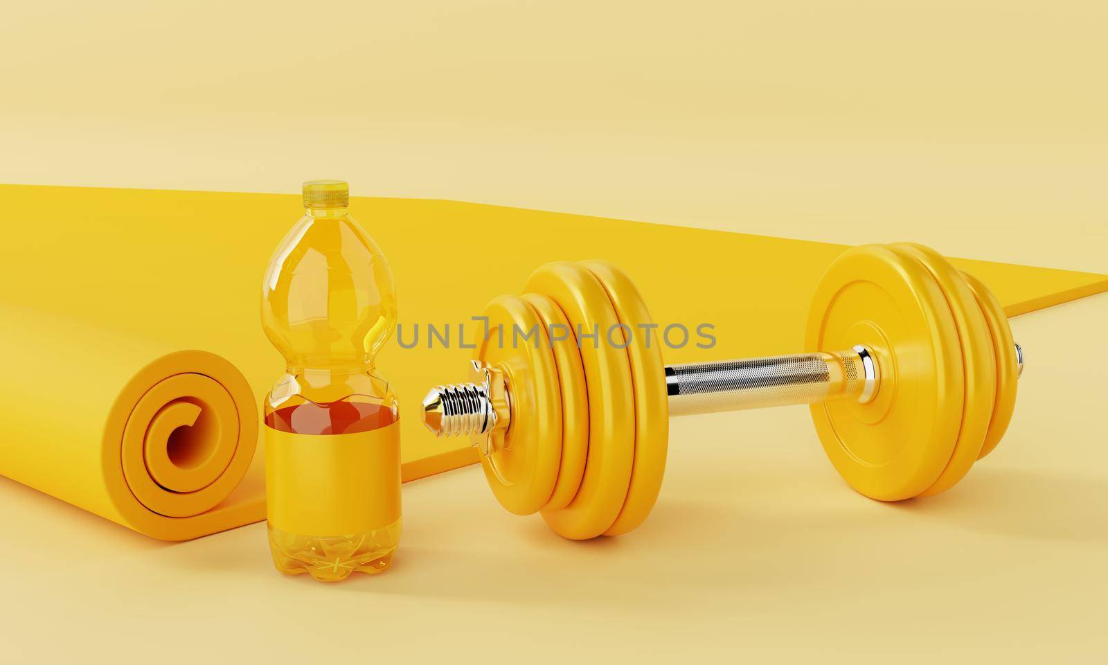 Sport fitness set with yoga mat drinking water bottle and dumbbell on pastel yellow background. Fitness and sport concept. Monocolor. 3D illustration rendering