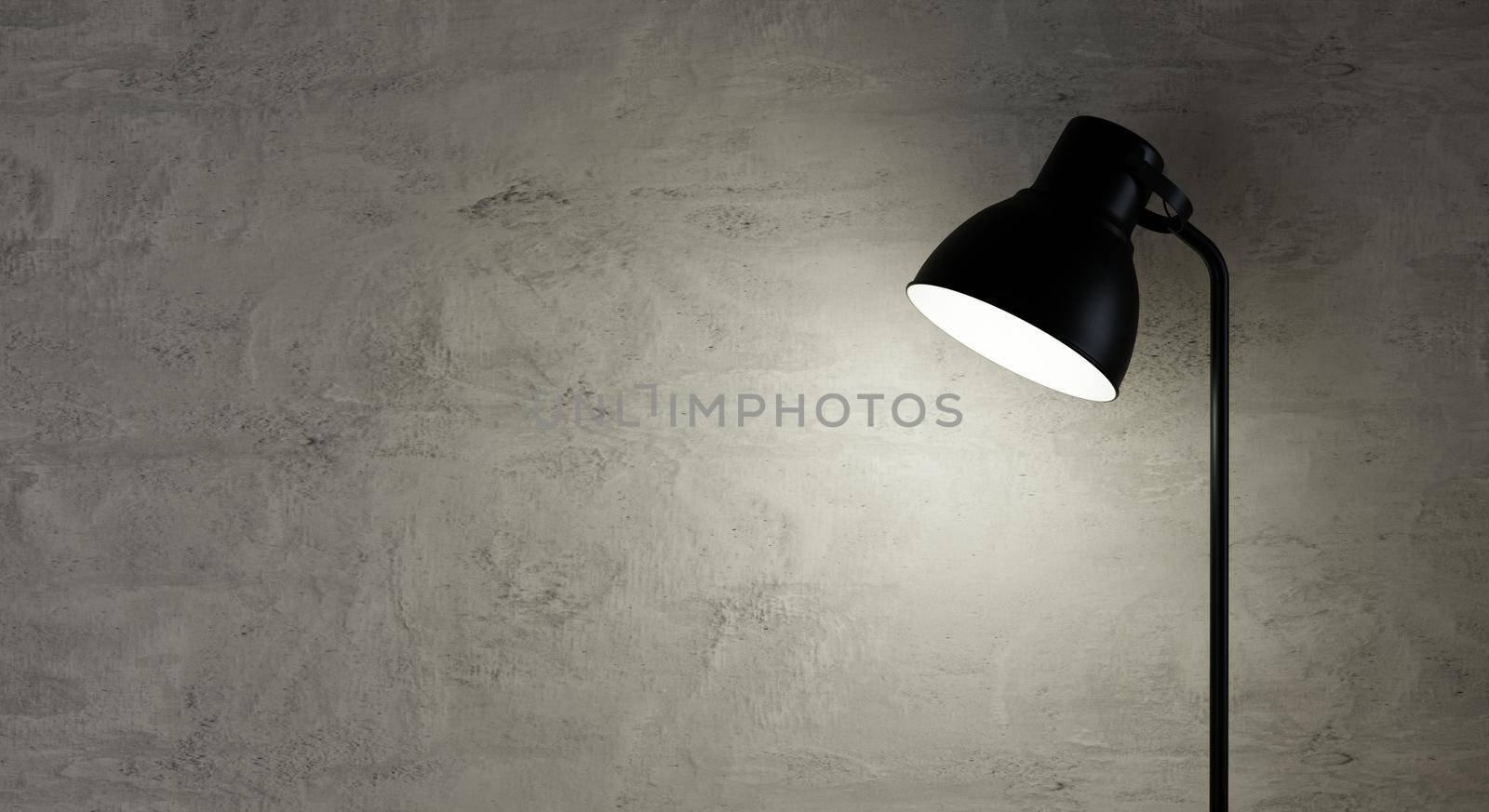 Closeup black floor lamp opening in night time or bedtime on dark gray empty concrete wall background. Furniture and object concept. 3D illustration rendering
