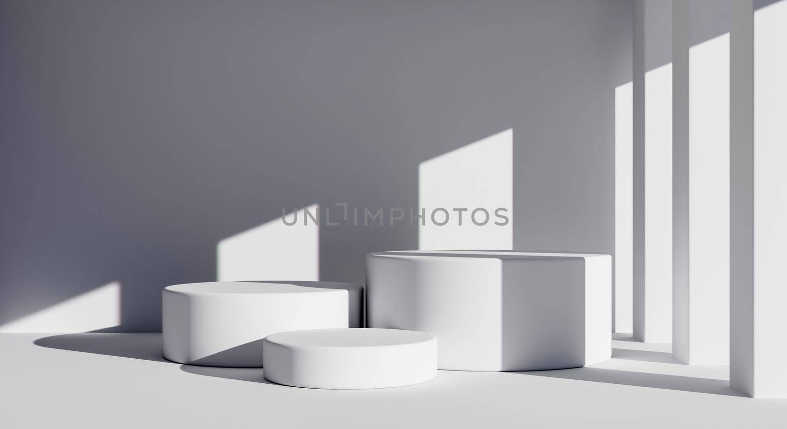 Three white round product podiums in minimal style with building background. Architecture and interior concept. 3D illustration rendering.