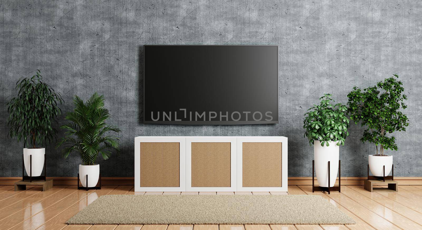 TV above wooden cabinet in modern empty room with plants and carpet on floor wooden. Architecture and interior concept. 3D illustration rendering