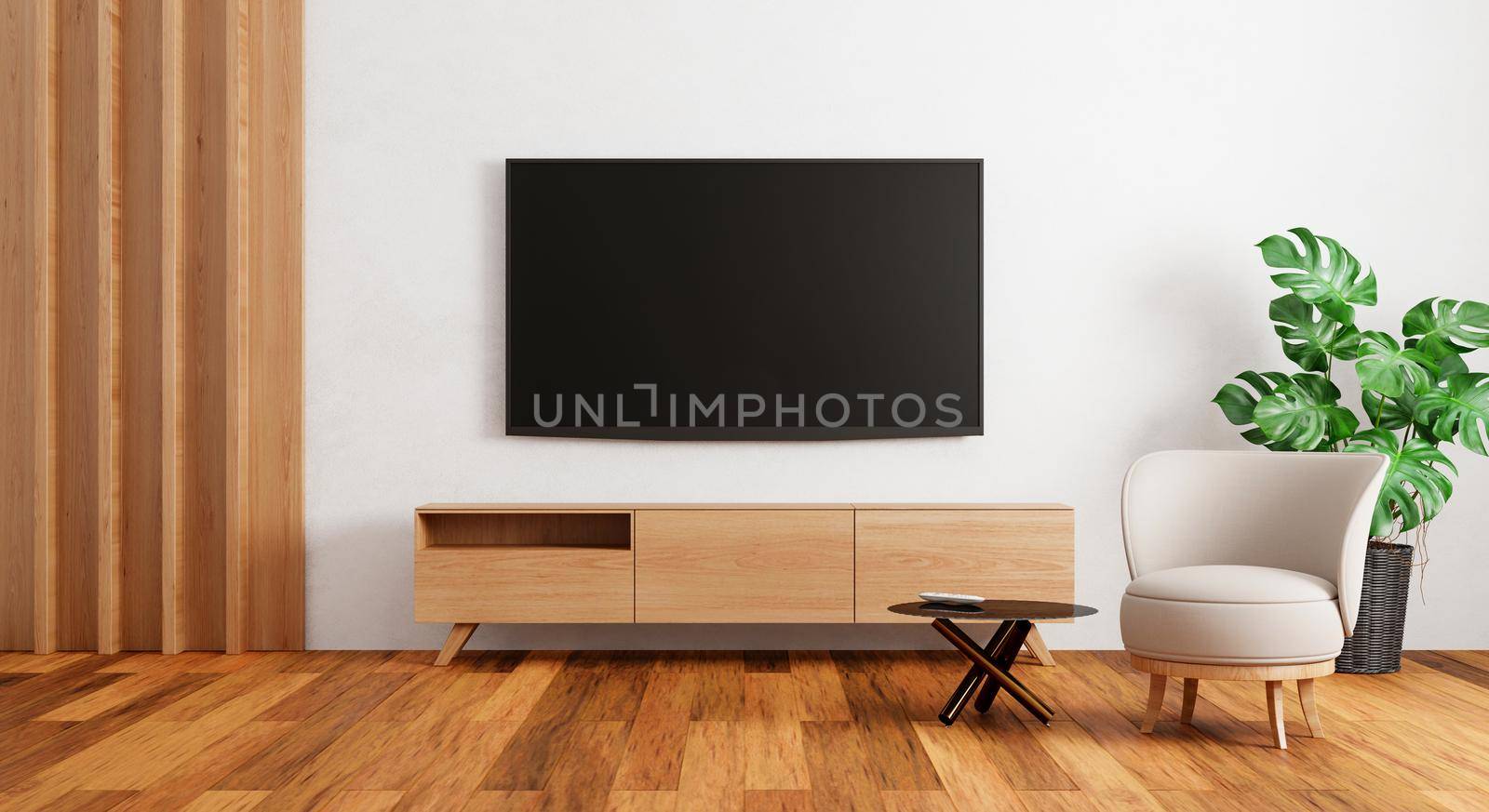 TV above wooden cabinet in modern empty room with plants carpet on wooden background. Japanese style theme. Architecture and interior concept. 3D illustration rendering