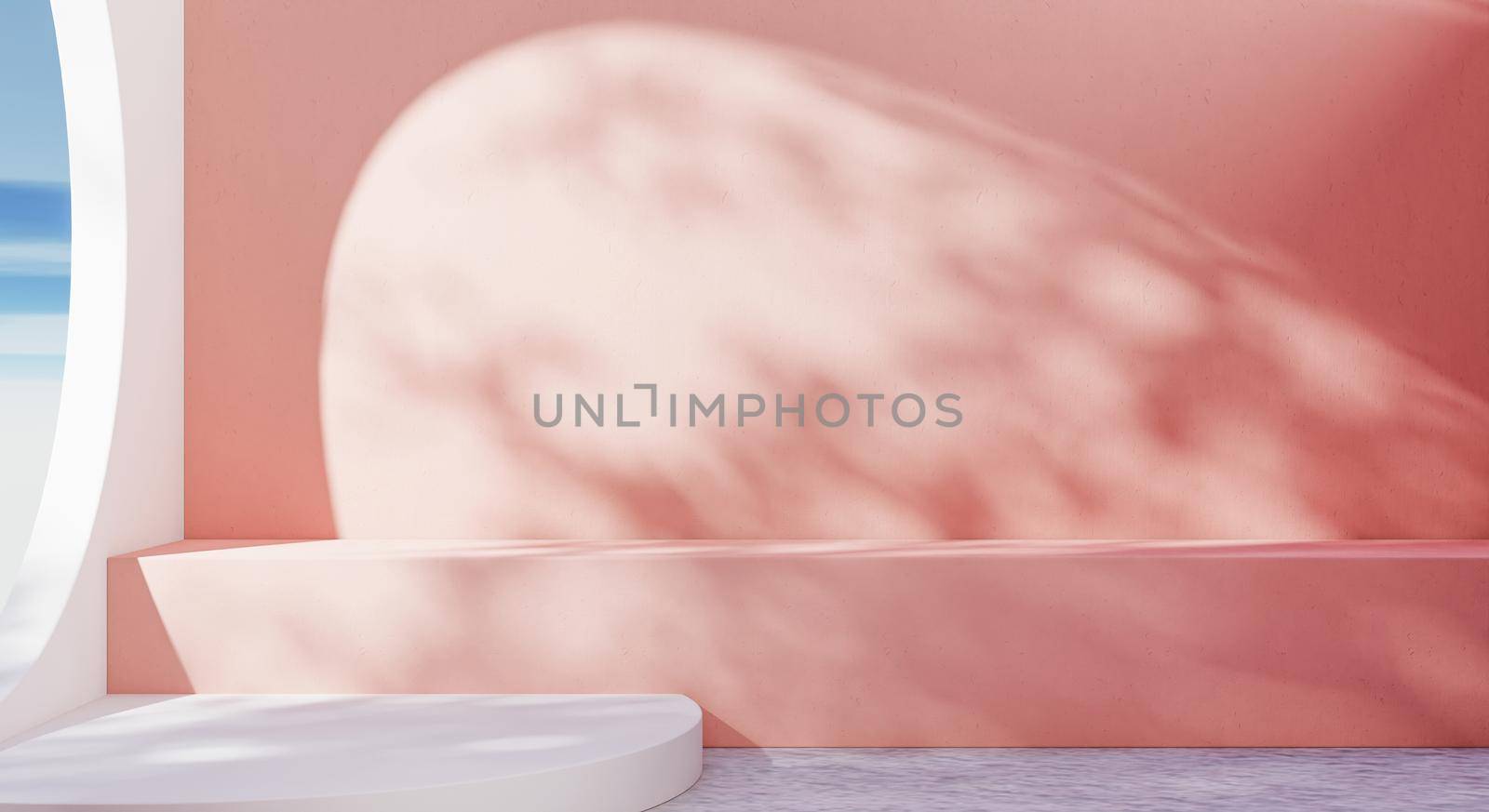Empty room in pink and white pastel tone with tree leaves shadow and blue sky and cloud background. Abstract and nature concept. 3D illustration rendering
