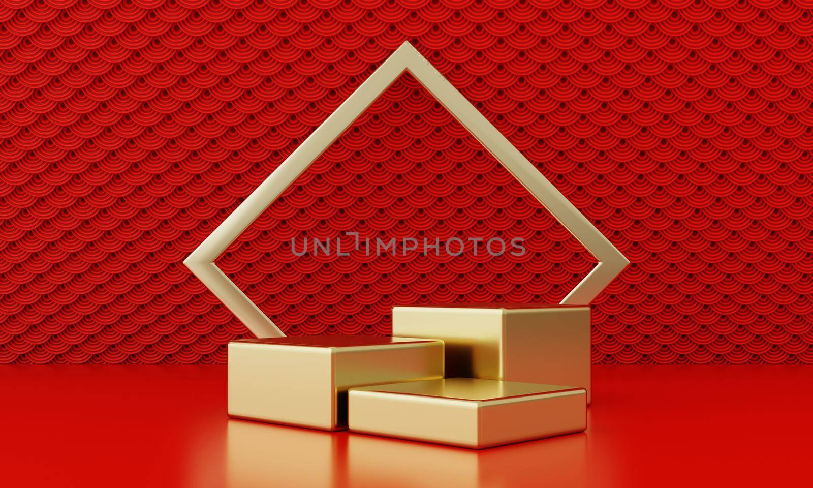 Chinese New Year red modern style three podium product showcase with golden ring frame Japanese style pattern background. Happy holiday traditional festival concept. 3D illustration rendering