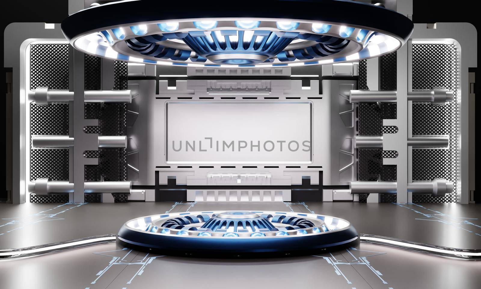 Sci-fi product podium showcase in spaceship with white and blue background. Space technology and object concept. 3D illustration rendering