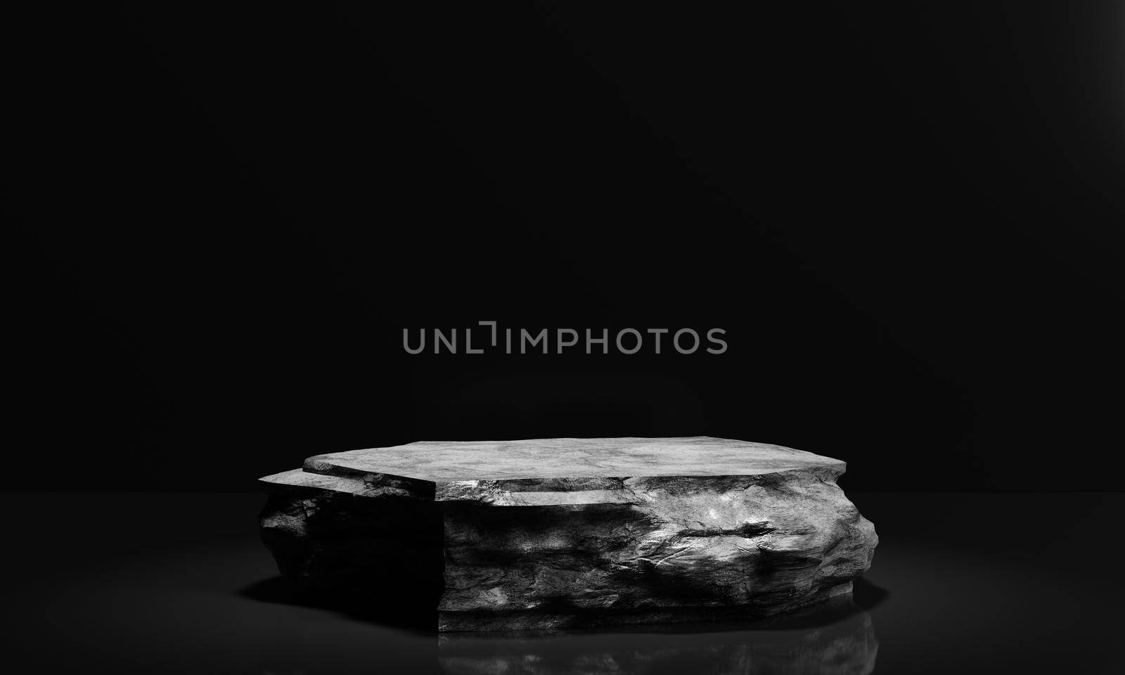 Minimal black and white rock podium and stage for product or cosmetics advertising with background. Object and abstract concept. 3D illustration rendering