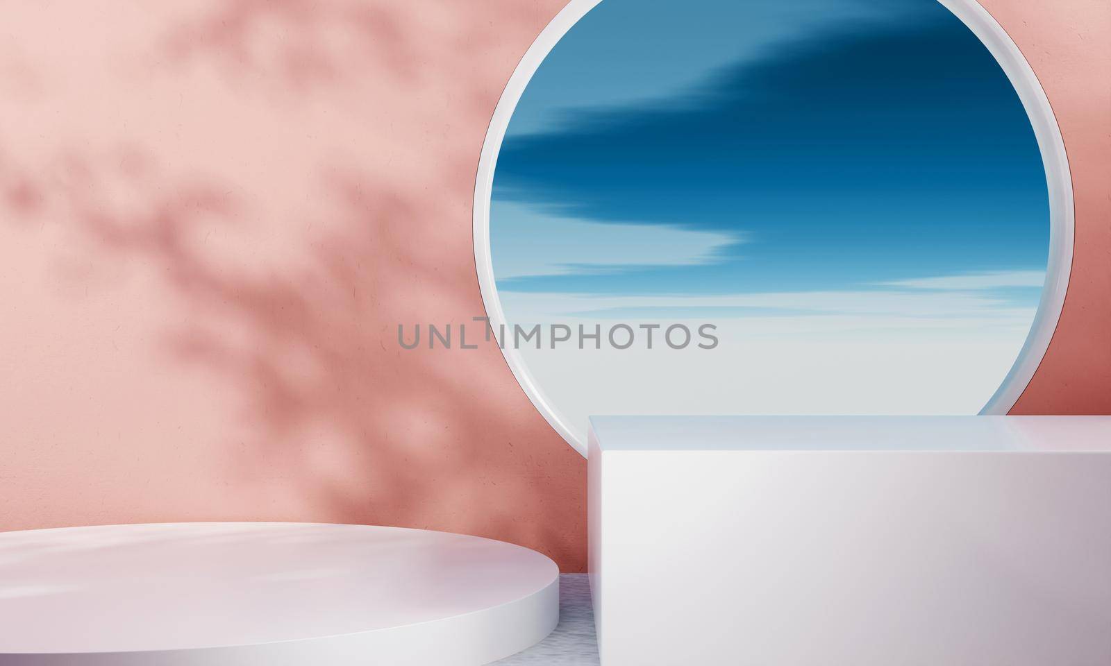 Empty room in pink and white pastel tone podium with tree leaves shadow and blue sky window and cloud background. Abstract and nature concept. 3D illustration rendering