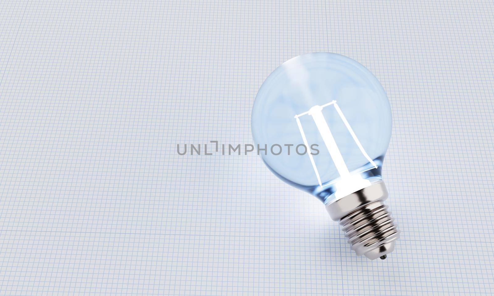 Light bulbs with incandescent bulbs glow blue on white draft office graph paper. Thinking and imagination idea concept. 3D illustration rendering