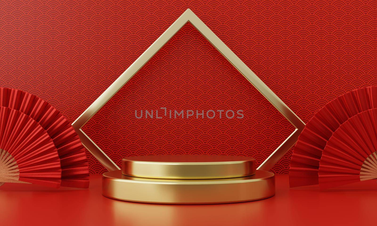 Chinese New Year red modern style one podium product showcase with golden ring frame and China pattern background. Happy holiday traditional festival concept. 3D illustration rendering graphic design