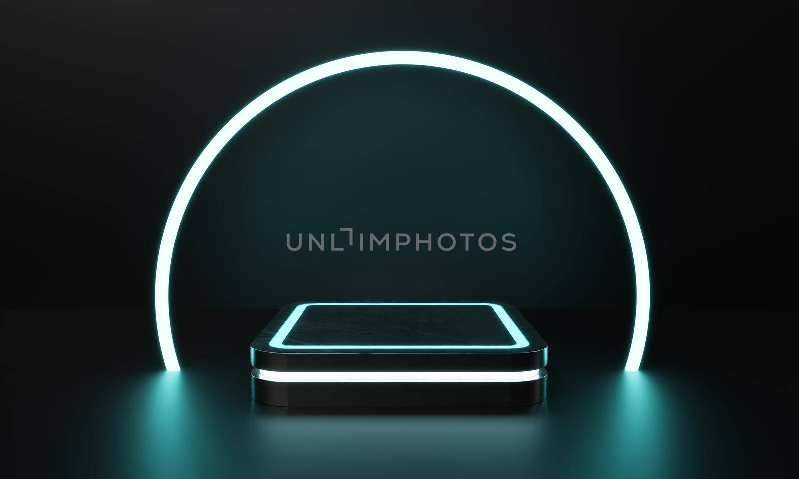 Modern product showcase sci-fi podium with blue-green and white glowing light neon background. Technology and object concept. 3D illustration rendering