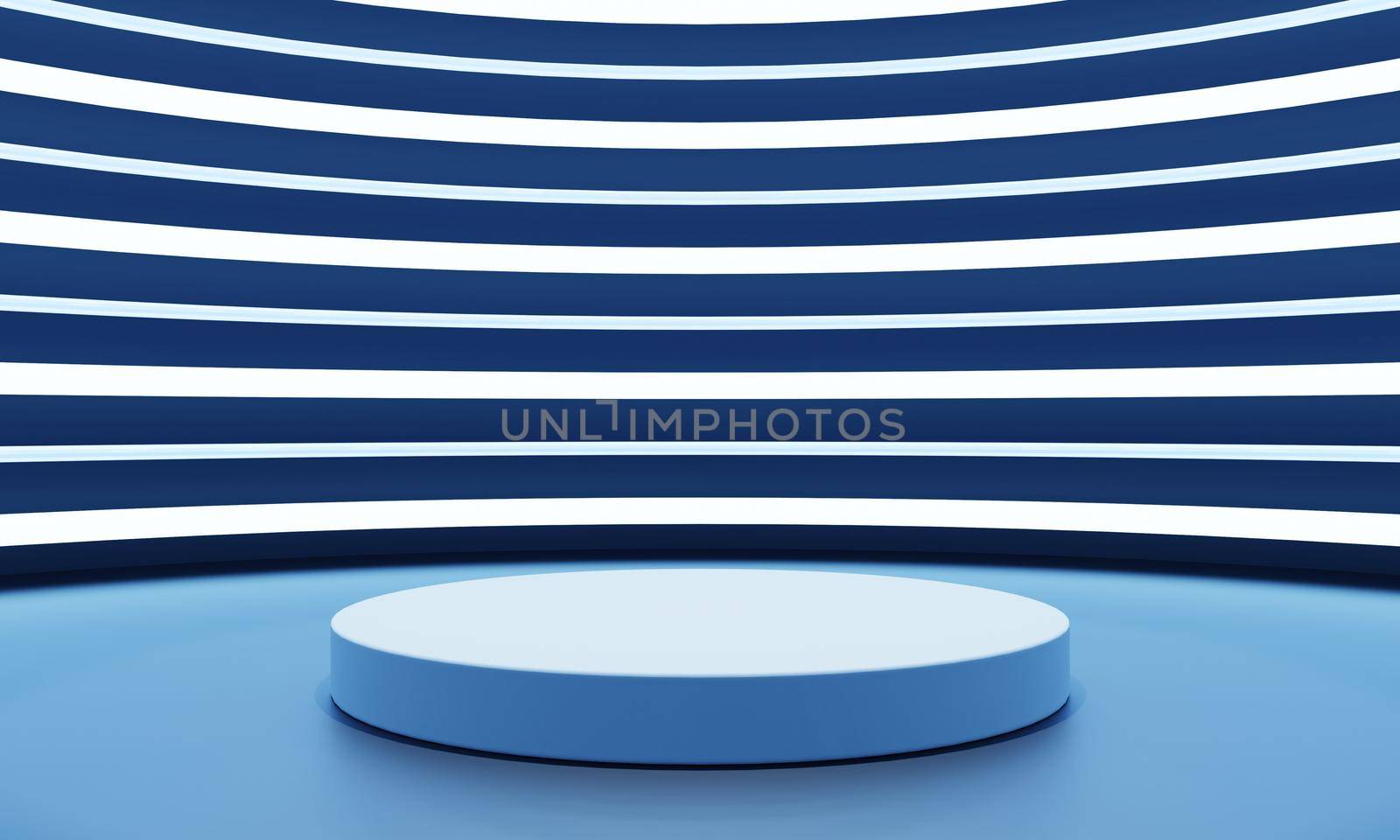 Cyberpunk sci-fi product podium showcase with blue and white neon light background. Technology and object concept. 3D illustration rendering
