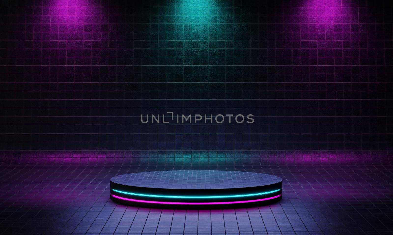 Cyberpunk product podium platform studio with blue and violet spotlight and grunge style textured background. Retro stage and Futuristics scene concept. 3D illustration rendering graphic