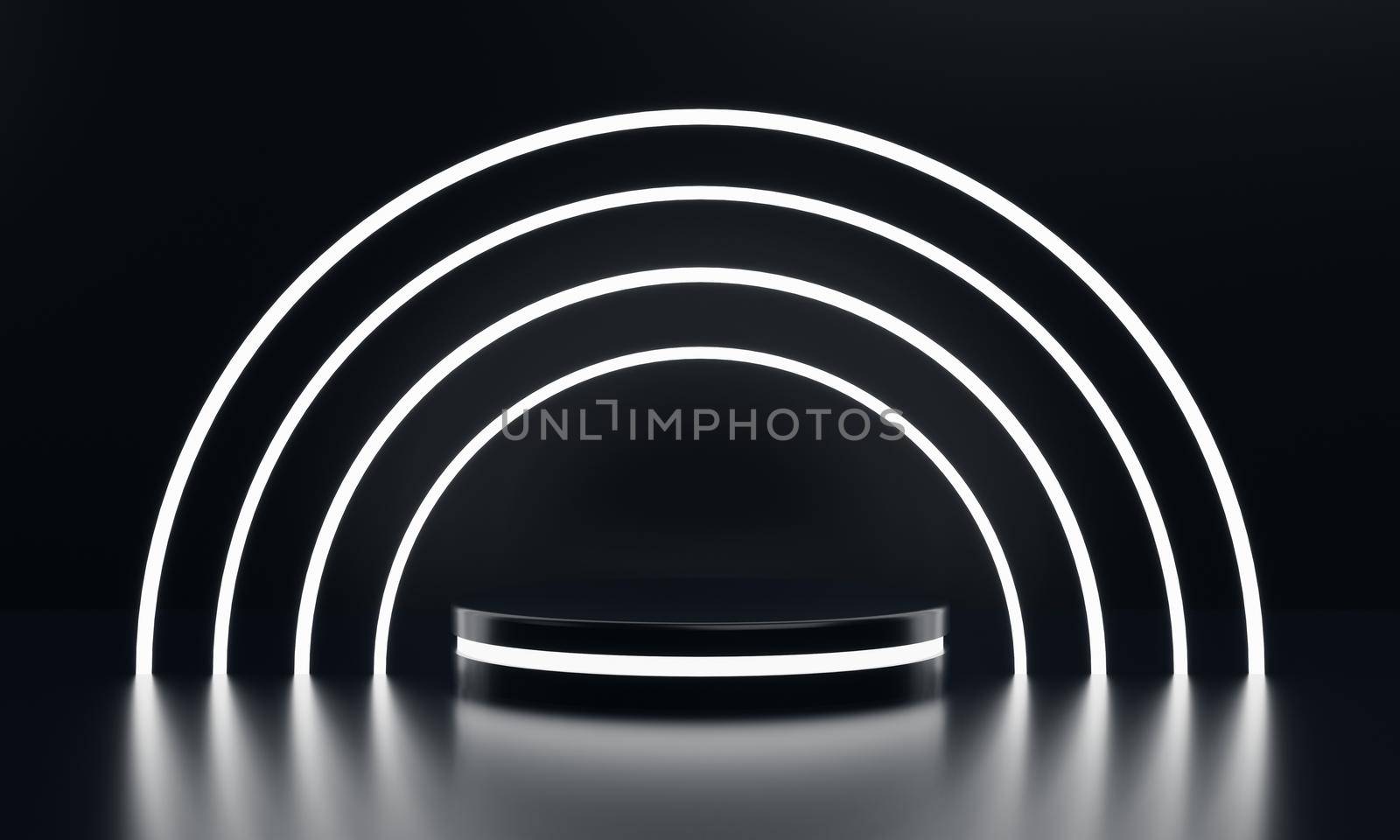 Modern round product showcase sci-fi podium with white glowing light neon ring frame background. Technology and object concept. 3D illustration rendering