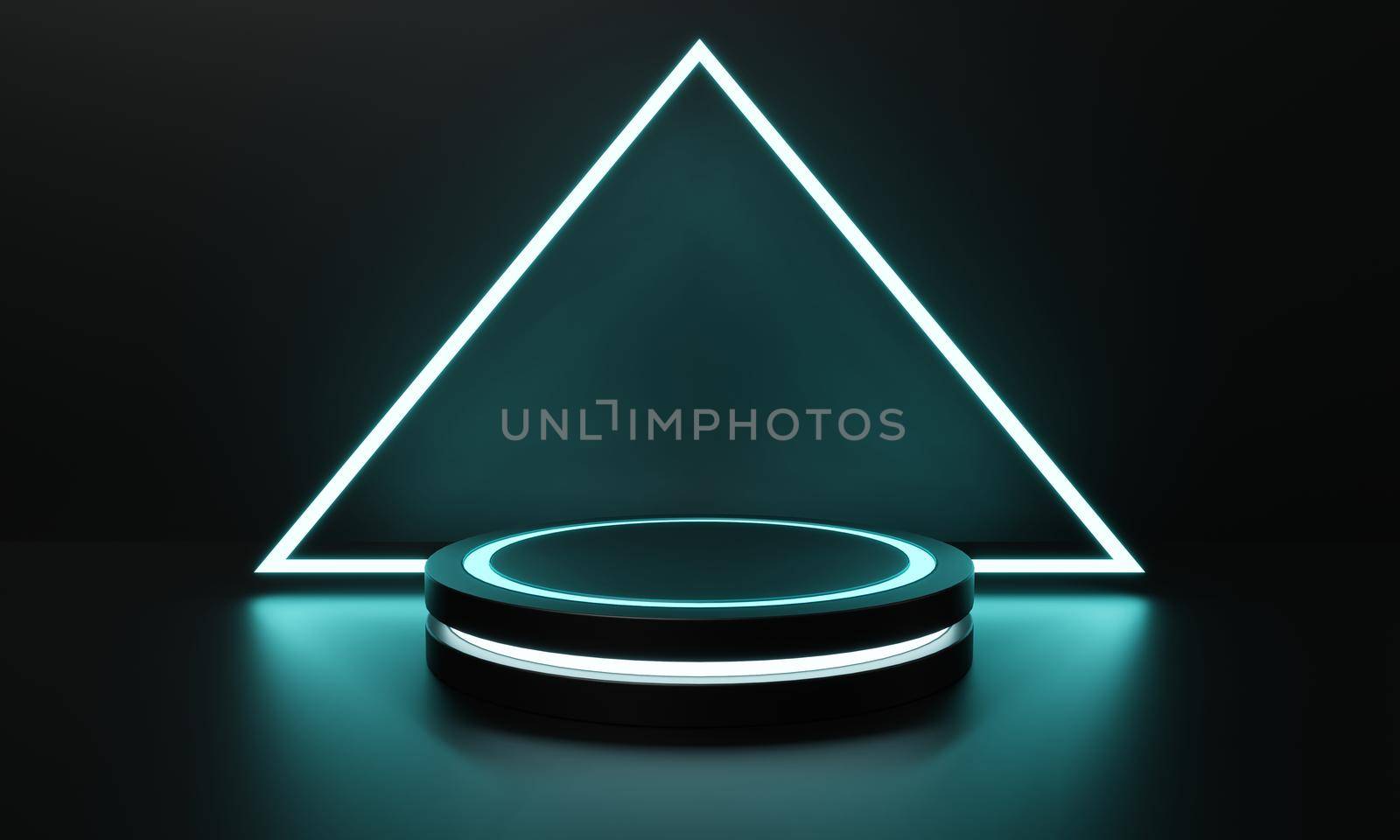 Modern product showcase sci-fi podium with blue green glowing light neon background. Technology and object concept. 3D illustration rendering