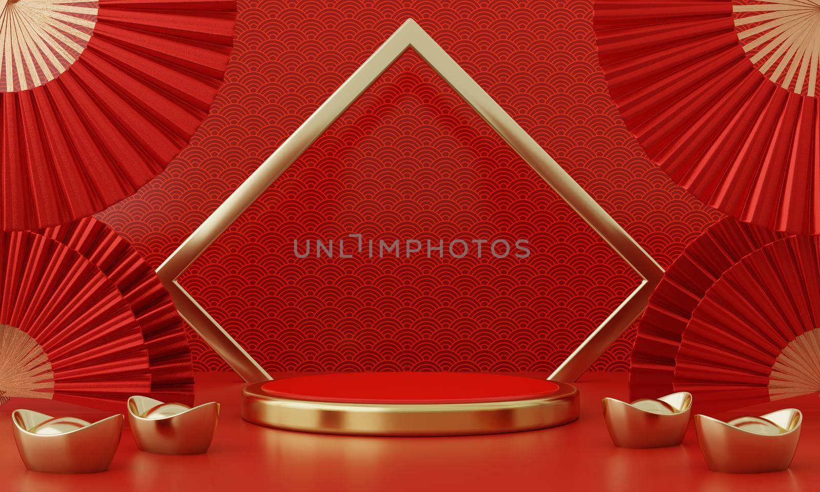 Chinese New Year red modern style one podium product showcase with golden ring frame Japanese style pattern background. Happy holiday traditional festival concept. 3D illustration rendering