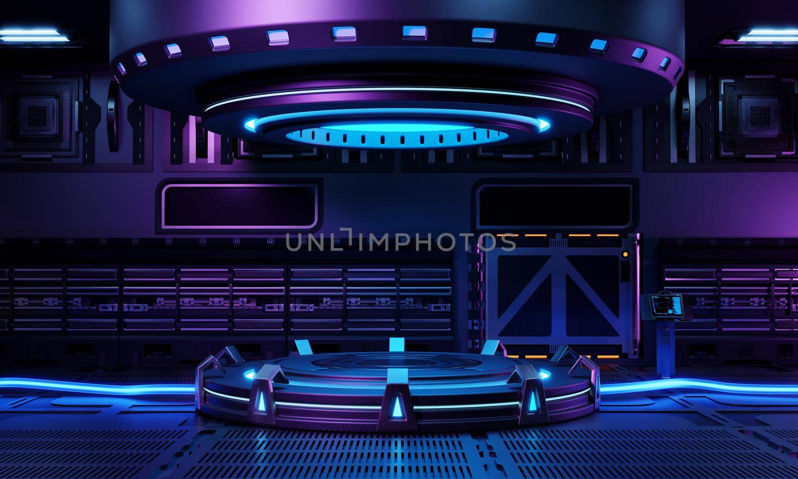 Inside spaceship laboratory interior architecture and empty podium for cyberpunk product presentation. Technology and Sci-fi concept. 3D illustration rendering