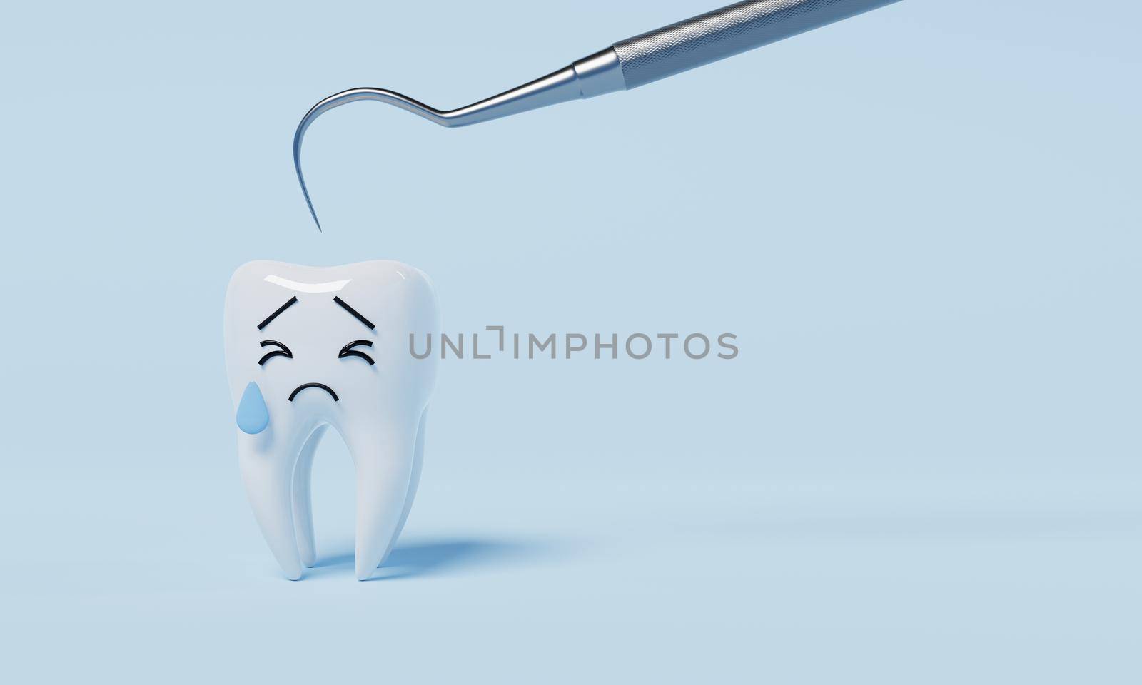 Tooth afraid of dental inspection hooks for yearly oral health check cause of tooth decay on blue background. Health care and medical concept. 3D illustration rendering