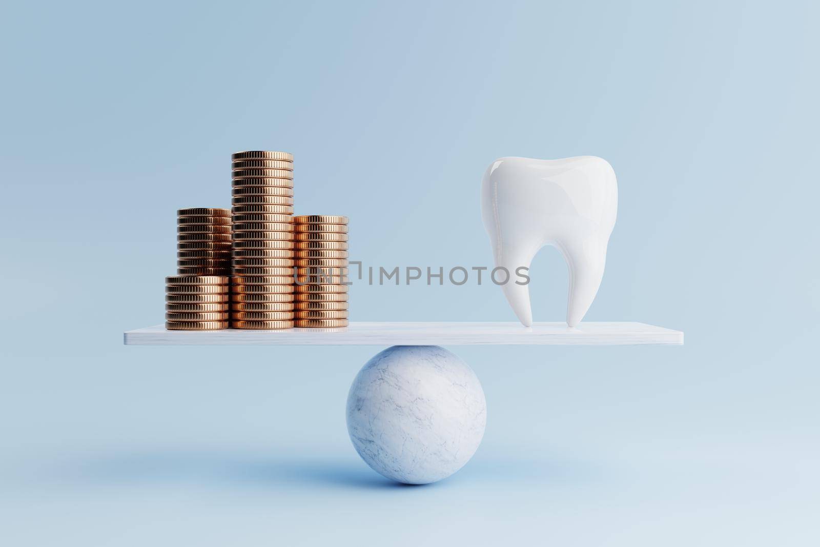 Dental tooth and golden coin on balancing scale on blue background. Health care and financial concept. Money-saving and cash flow theme. 3D illustration rendering by MiniStocker