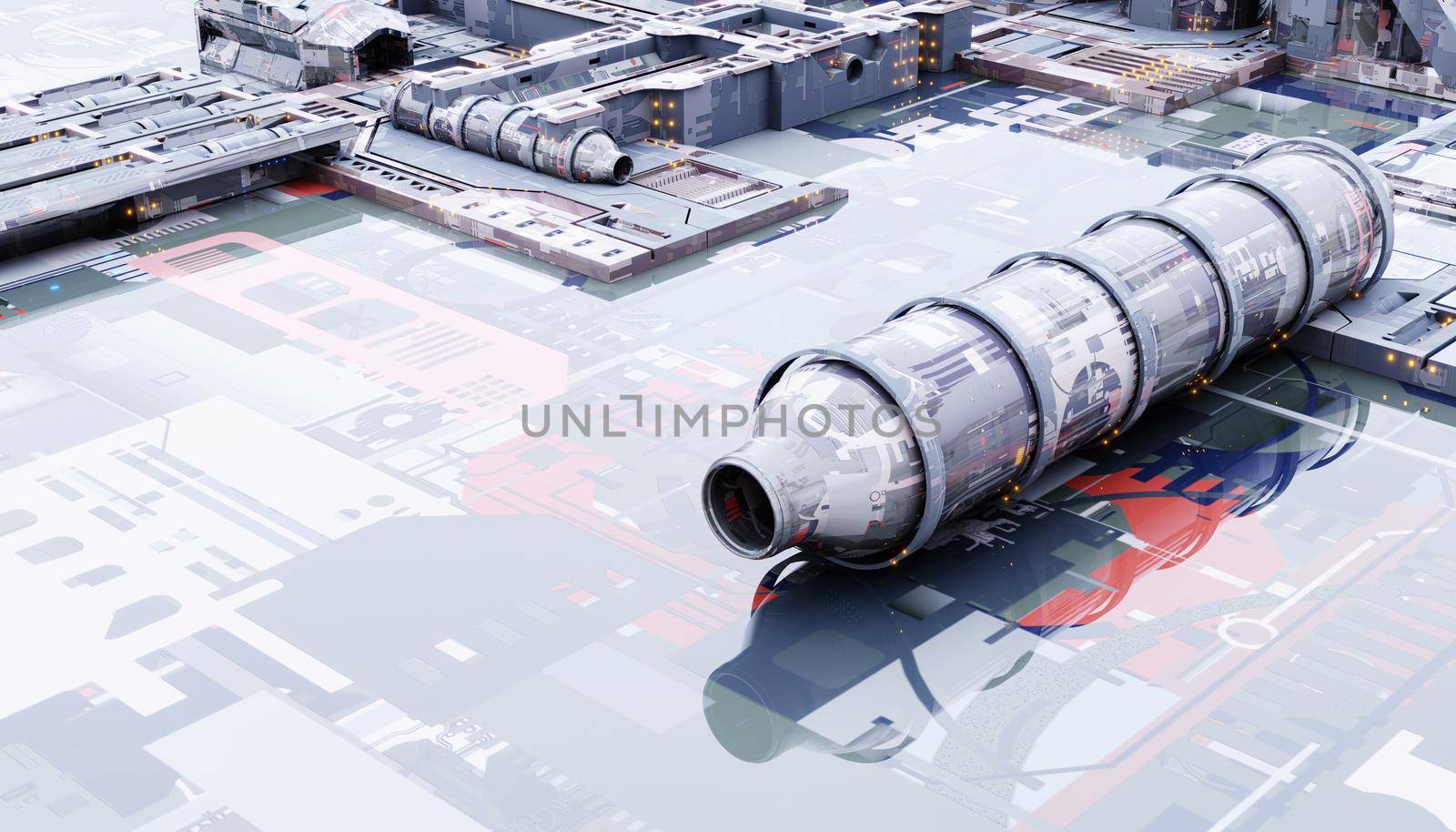 Space military base with innovative construction technology background. Sci-fi and industrial concept. 3D illustration rendering