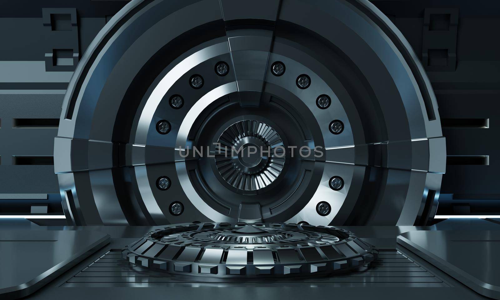 Sci-fi product podium showcase inside spaceship with security metal gate background. Technology and object concept. 3D illustration rendering by MiniStocker