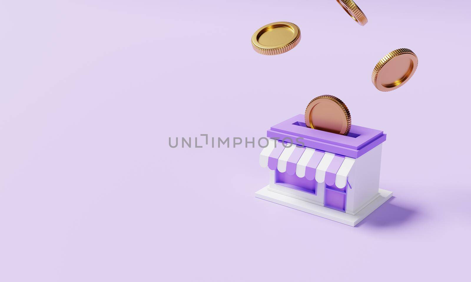 Supermarket store with dropping golden coins on purple background. Financial money savings and economic concept. 3D illustration rendering by MiniStocker