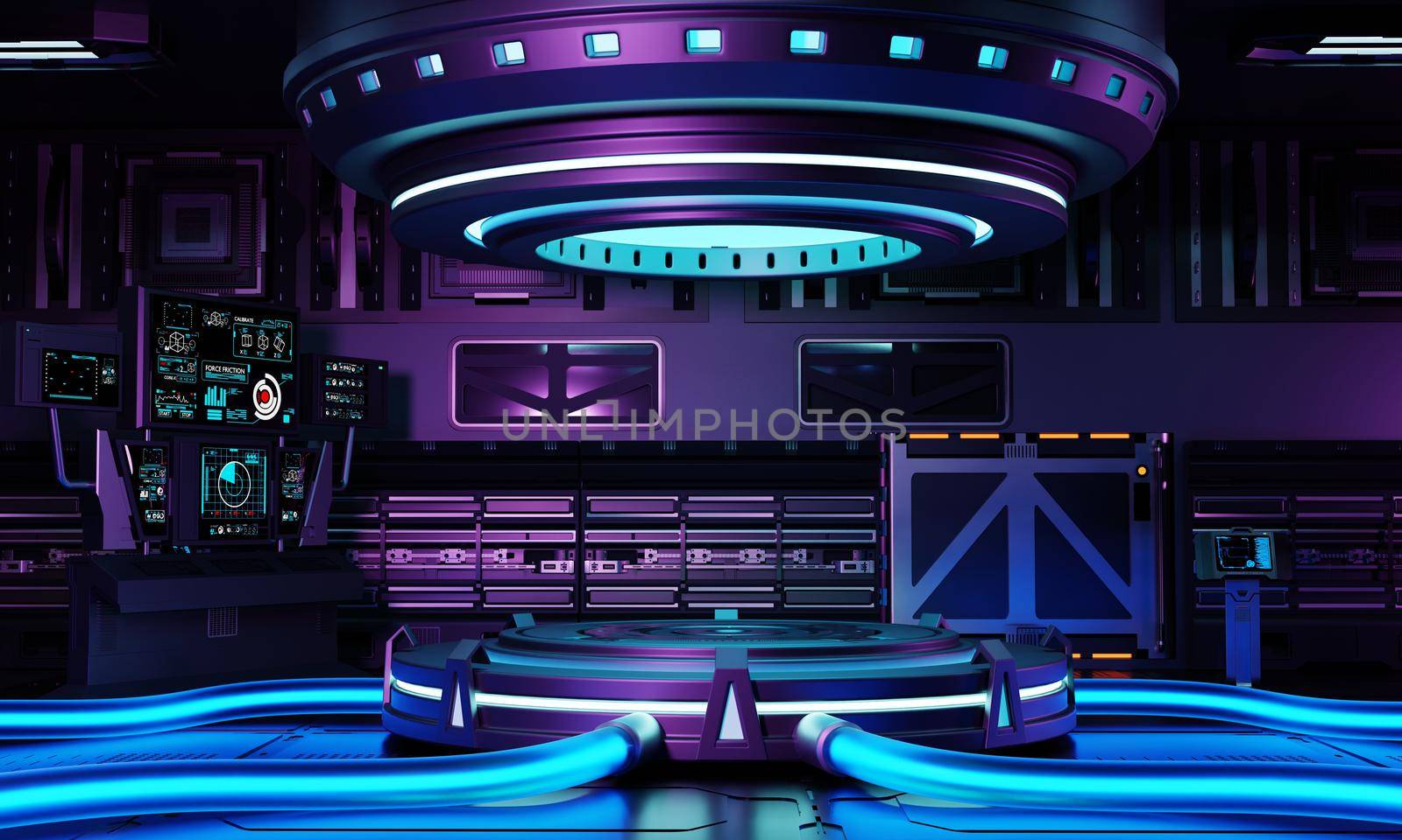 Cyberpunk sci-fi product podium showcase in spaceship with blue purple and pink background. Technology and object concept. 3D illustration rendering