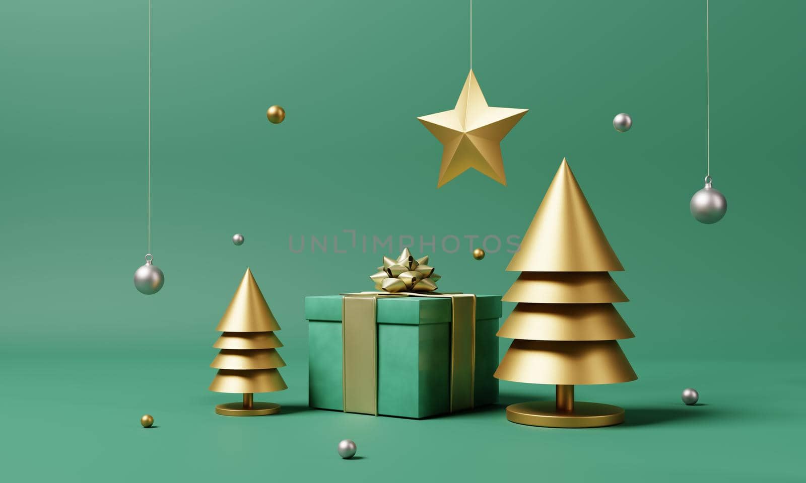 Christmas set decoration and ornament with golden Xmas tree and snowflake on isolated green background. Holiday festival and minimalism object concept. 3D illustration rendering by MiniStocker