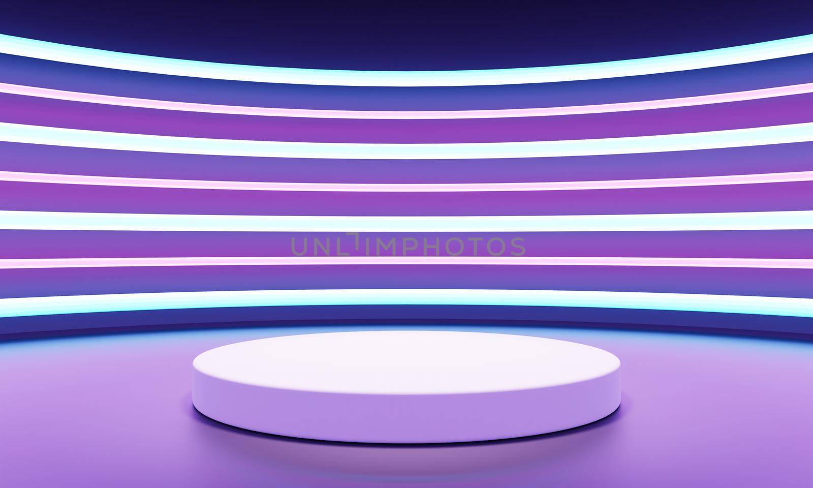 Cyberpunk sci-fi product podium showcase with blue purple and pink background. Technology and object concept. 3D illustration rendering