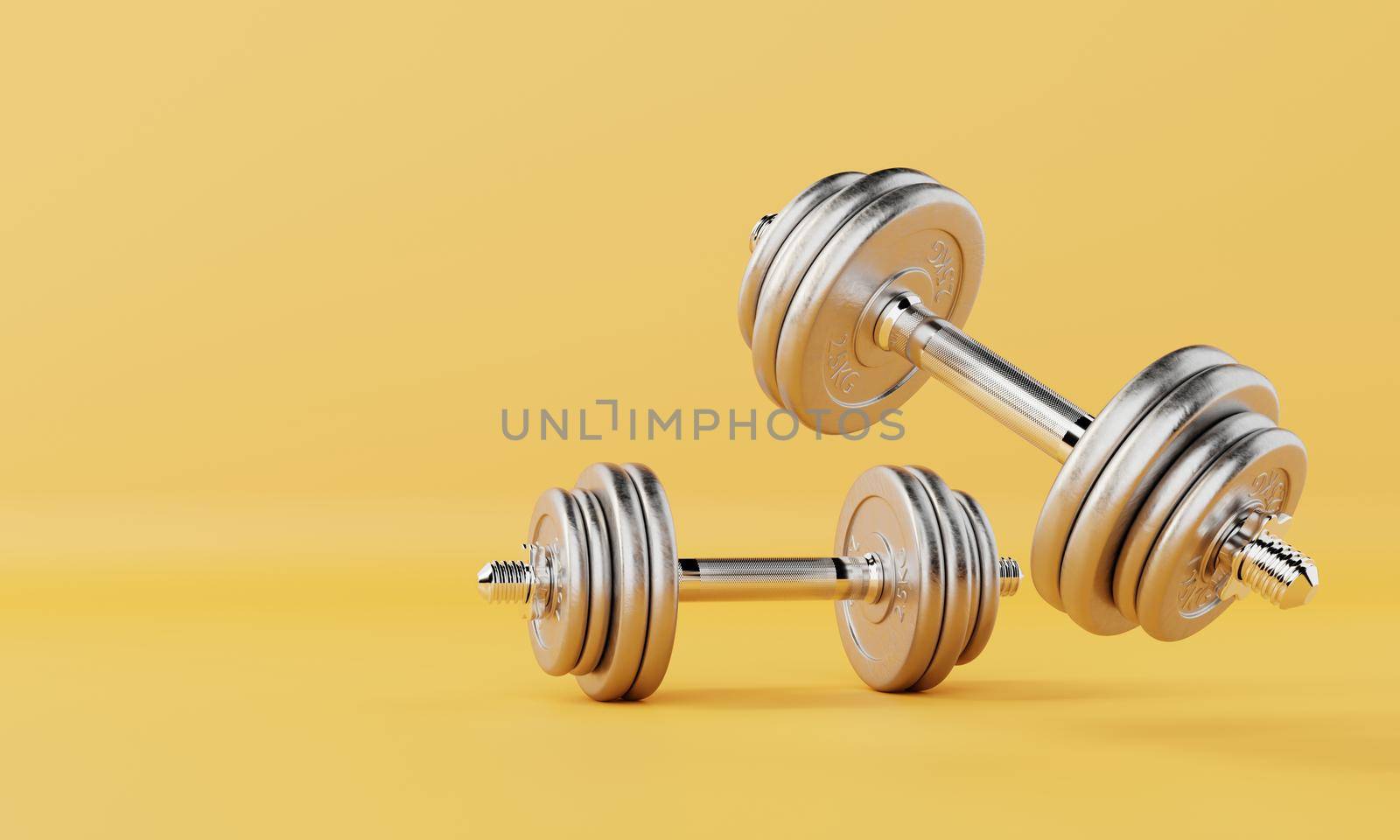 Two dumbbells on isolated yellow background. Fitness accessories and sport object concept. 3D illustration rendering