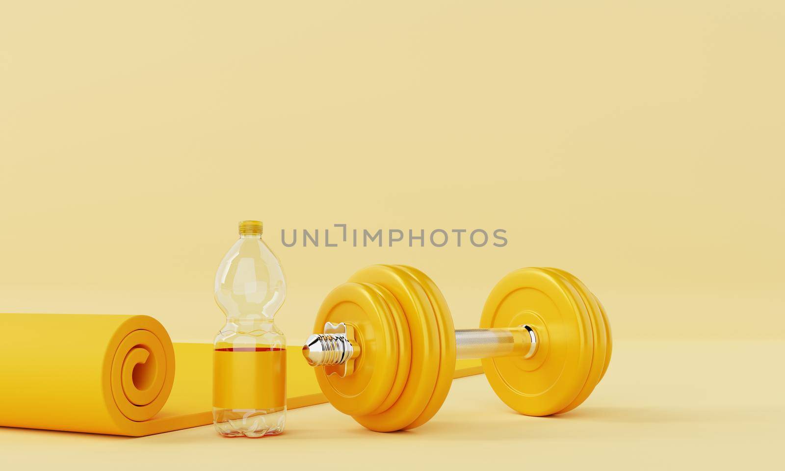 Sport fitness set with yoga mat drinking water bottle and dumbbell on pastel yellow background. Fitness and sport concept. Monocolor. 3D illustration rendering by MiniStocker