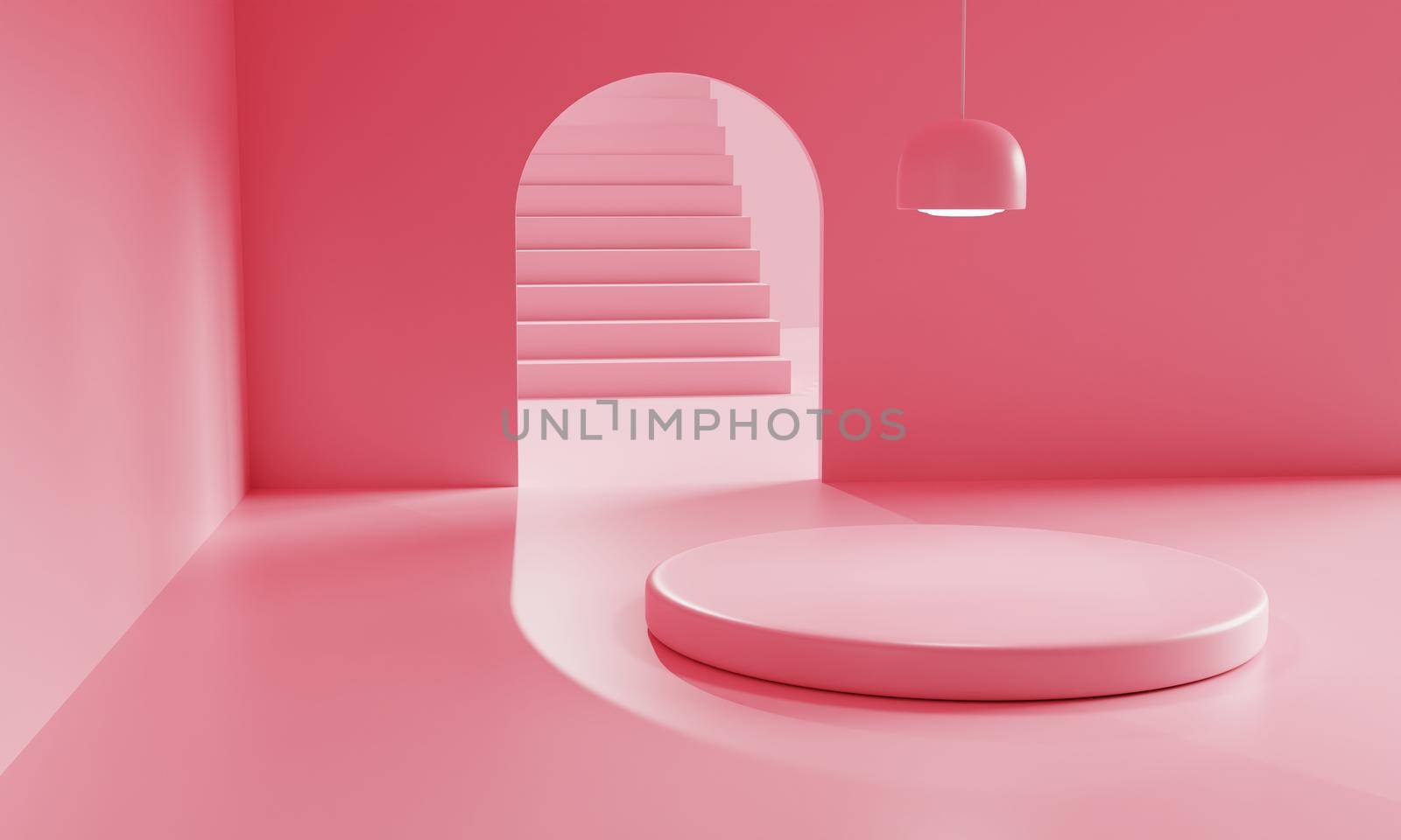 Pink empty room with podium for advertising in minimal background. Architecture and Business product presentation concept. Monocolor theme. 3D illustration rendering.