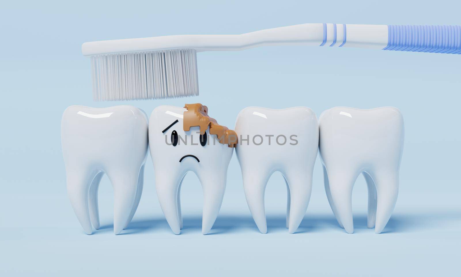 Unhealthy emotion teeth with toothbrush on blue background. Dental and Health care concept. 3D illustration rendering by MiniStocker