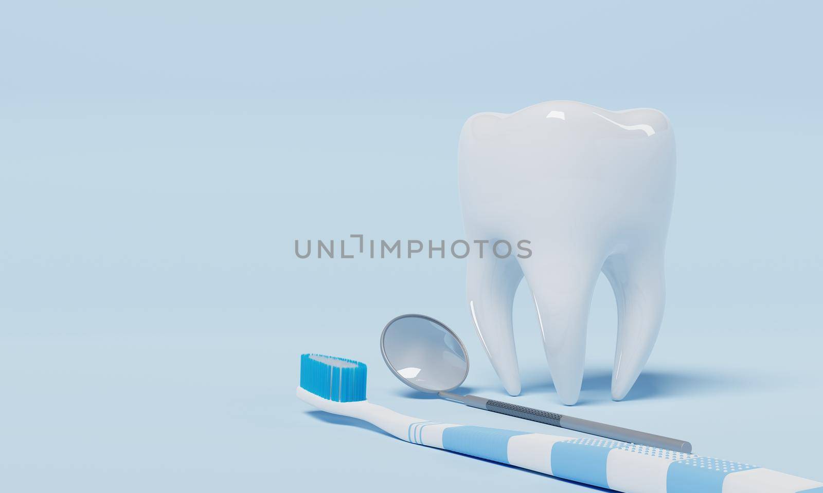 Tooth with dental inspection mirror on blue background. Dental and Health care concept. 3D illustration rendering by MiniStocker