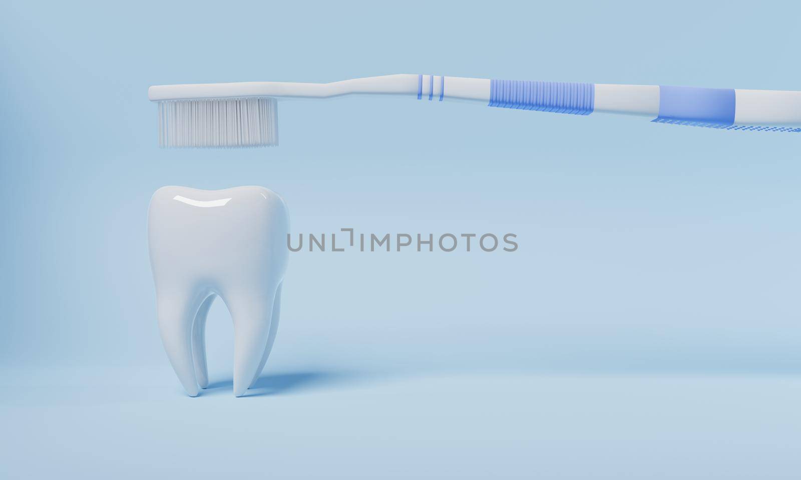 Tooth brushing by toothbrush on blue background. Health care and medical concept. 3D illustration rendering