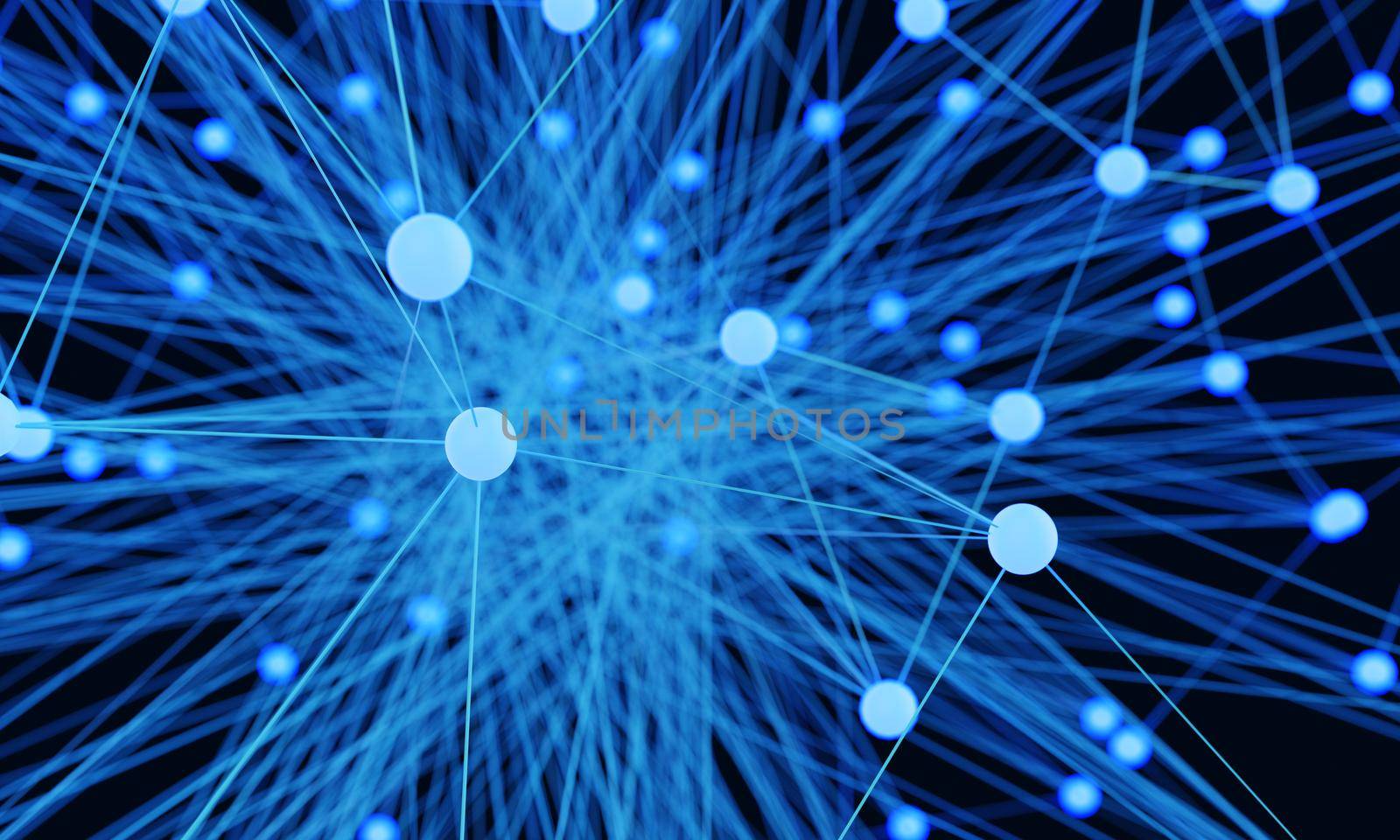 Abstract blue light bulb futuristic technology network node. Cable data line transmission links and communication structure concept. Neurons of brain and electron theme element. 3D illustration.