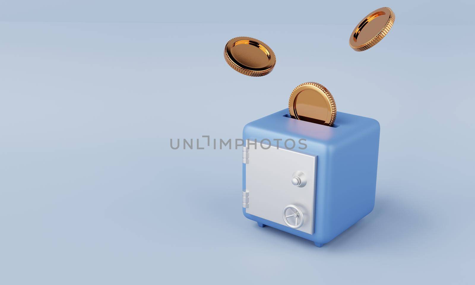 Safe box with dropping and collecting golden coins on blue background. Financial economic and money savings security concept. 3D illustration concept.