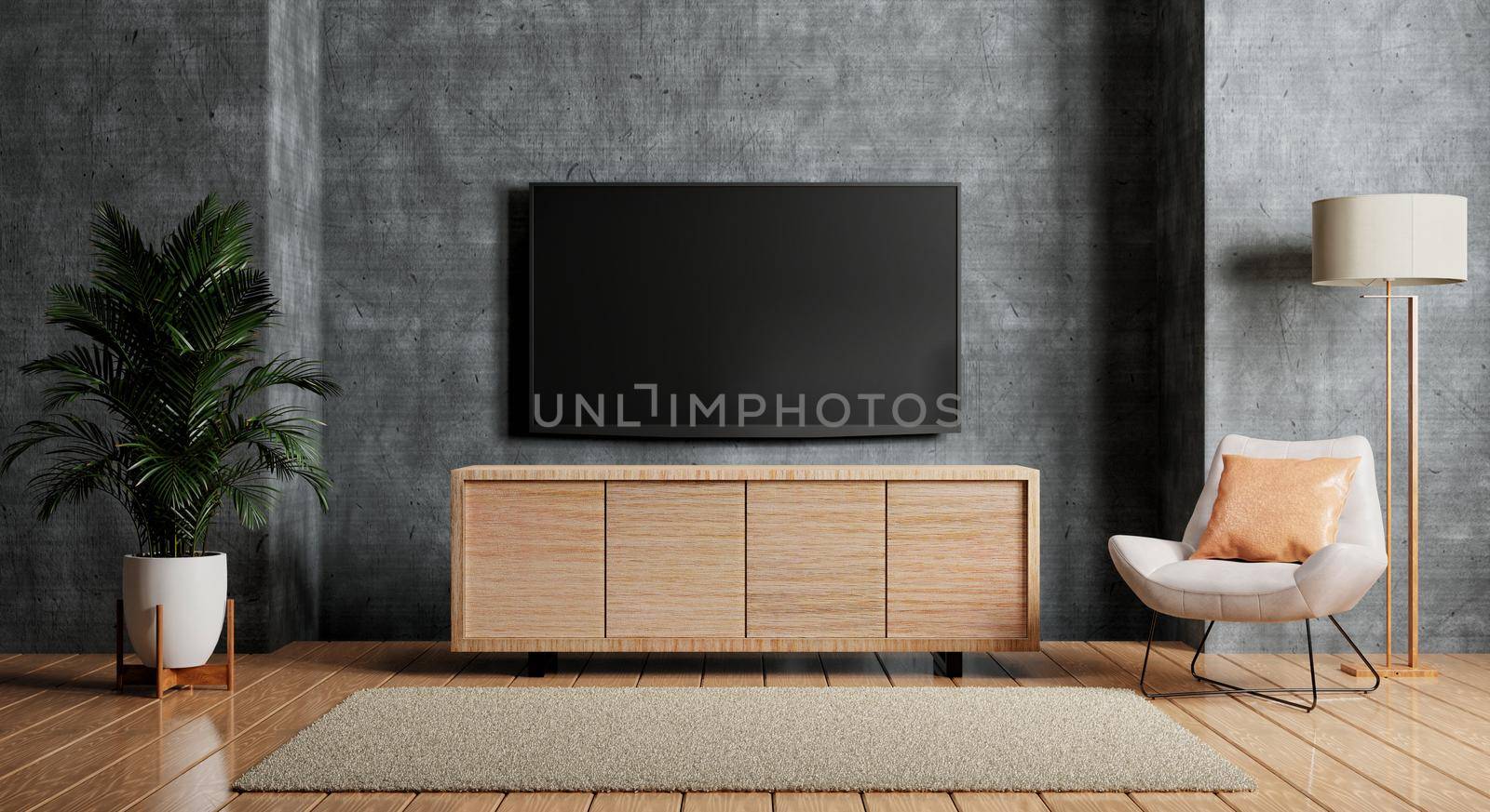 TV above wooden cabinet in modern empty room with chair plants carpet and lamp on floor wooden. Architecture and interior concept. 3D illustration rendering