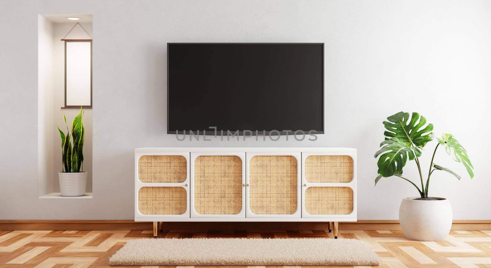 TV above wooden cabinet in modern empty room with plants carpet on wooden background. Japanese style theme. Architecture and interior concept. 3D illustration rendering by MiniStocker