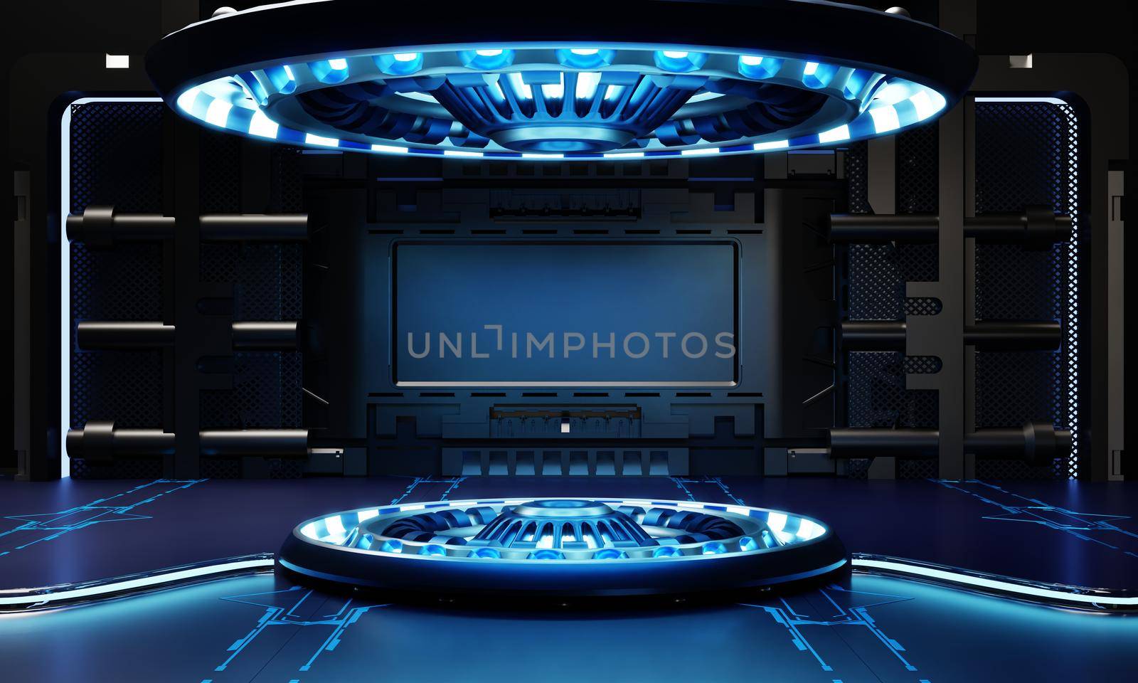 Sci-fi product podium showcase in spaceship with white and blue background. Space technology and object concept. 3D illustration rendering