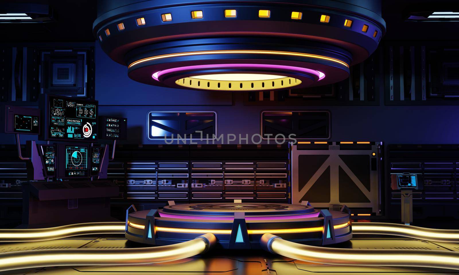 Cyberpunk sci-fi product podium showcase in spaceship with yellow blue purple and pink background. Technology and object concept. 3D illustration rendering
