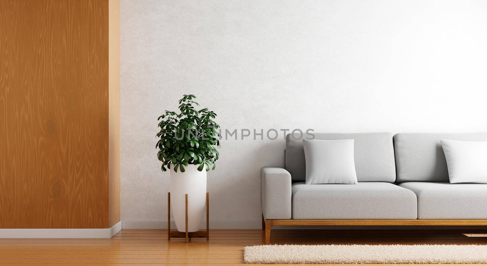 Cozy gray sofa in modern white concrete wall in empty room with plants on wooden planks parquet floor. Architecture and interior concept. 3D illustration rendering