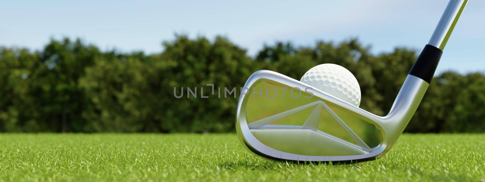 Golf ball on tee and golf club with fairway green background. Sport and athletic concept. Banner for advertising with copy space. 3D illustration rendering