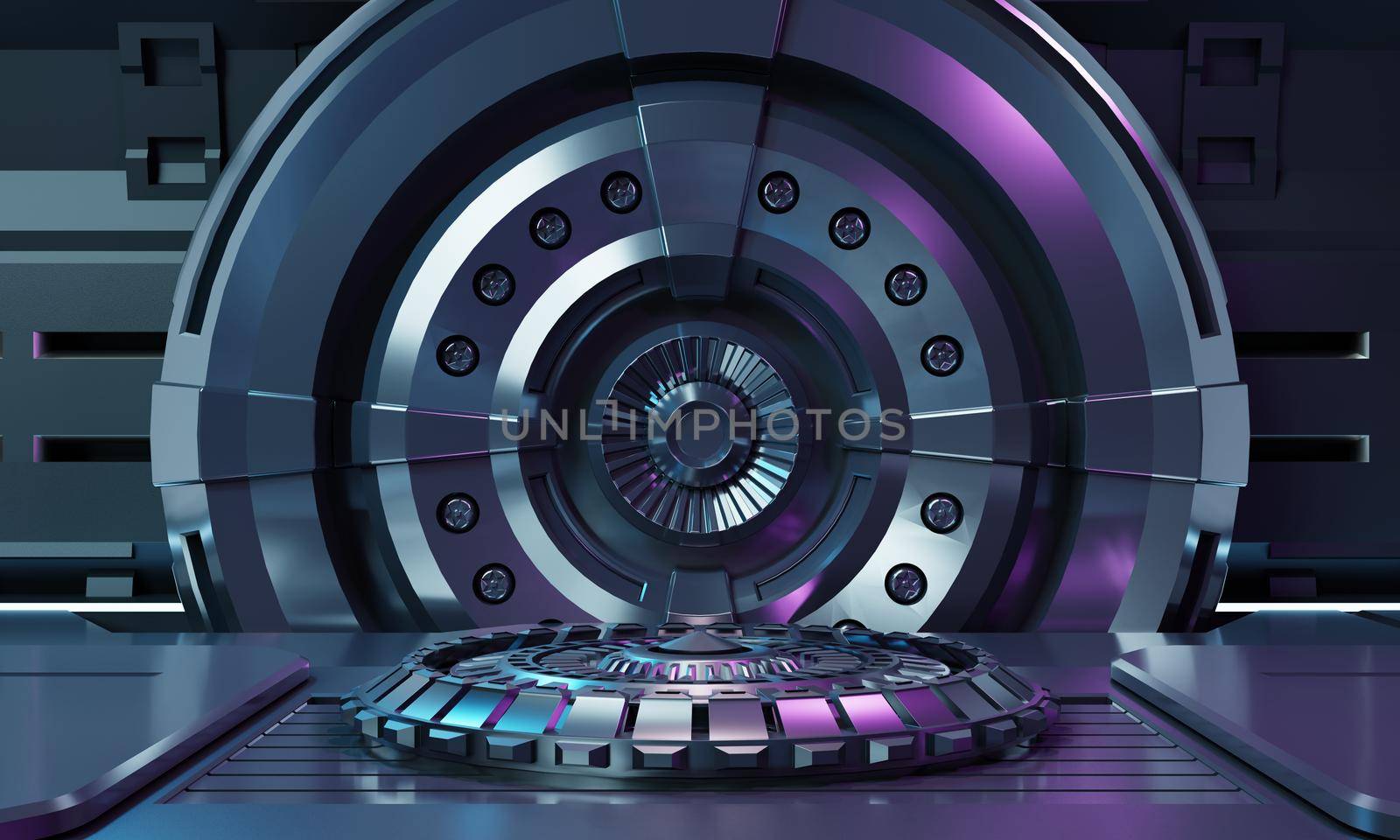 Sci-fi product podium showcase inside spaceship with security metal gate background. Technology and object concept. 3D illustration rendering