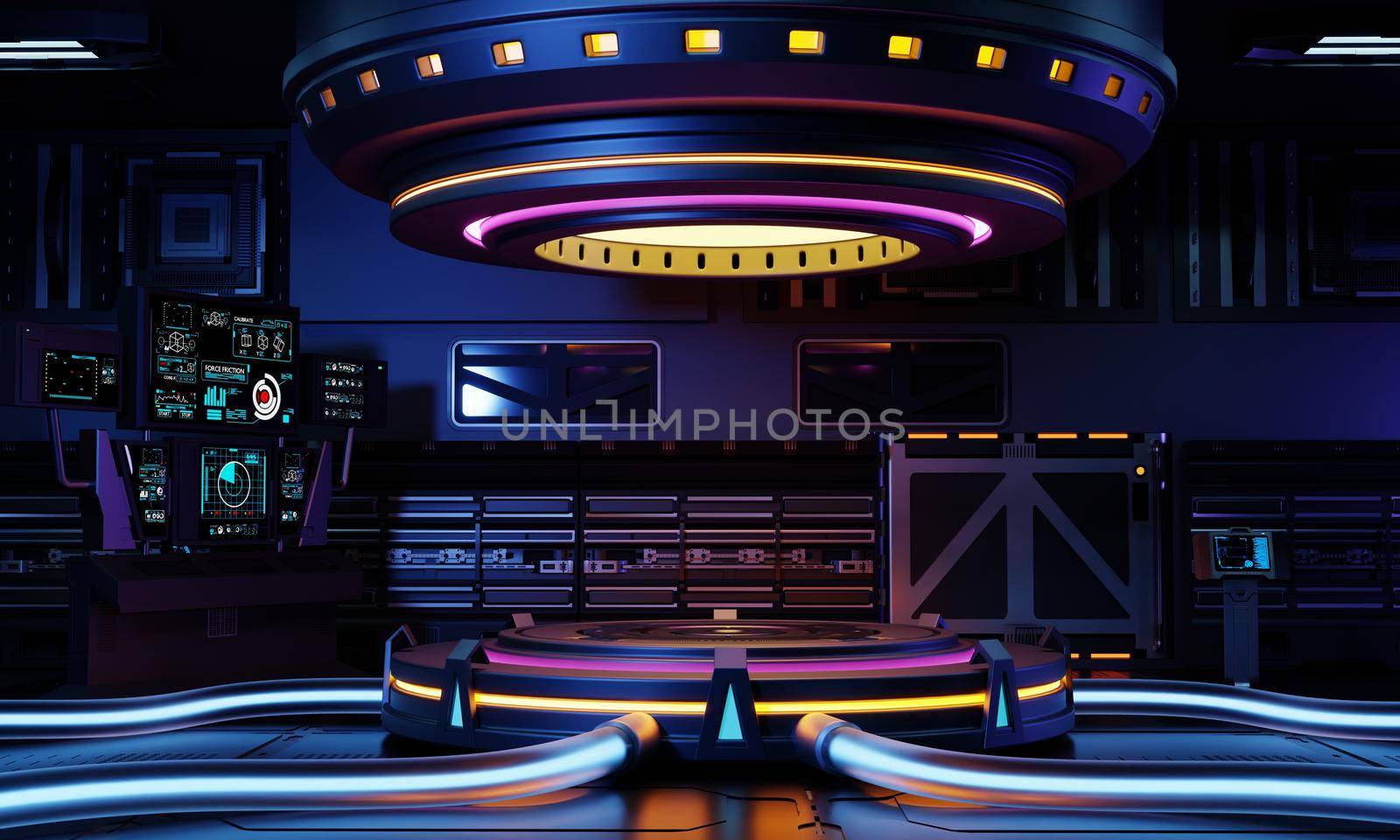 Cyberpunk sci-fi product podium showcase in spaceship with yellow blue purple and pink background. Technology and object concept. 3D illustration rendering