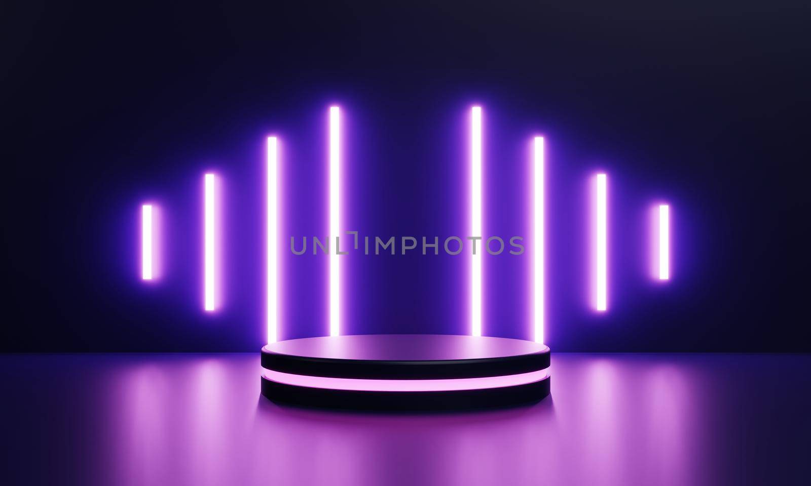 Modern product showcase sci-fi podium with pink glowing light neon background. Technology and object concept. 3D illustration rendering by MiniStocker